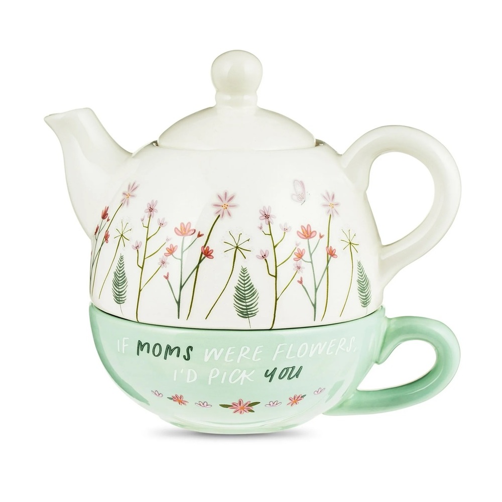 WAY TO CELEBRATE Green White Teapot Teacup Gift Stacking Set Floral NWT